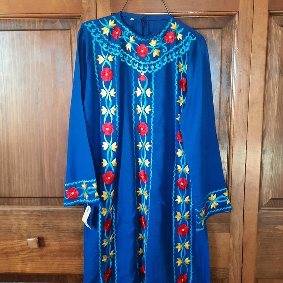 NWT Kurta/kurti Handcrafted Floral Embroidered Blue Cotton Long Sleeve Dress - Picture 2 of 11